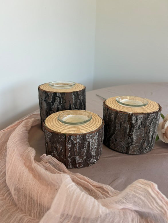 Set of 3 Wooden Log Tealight Holders