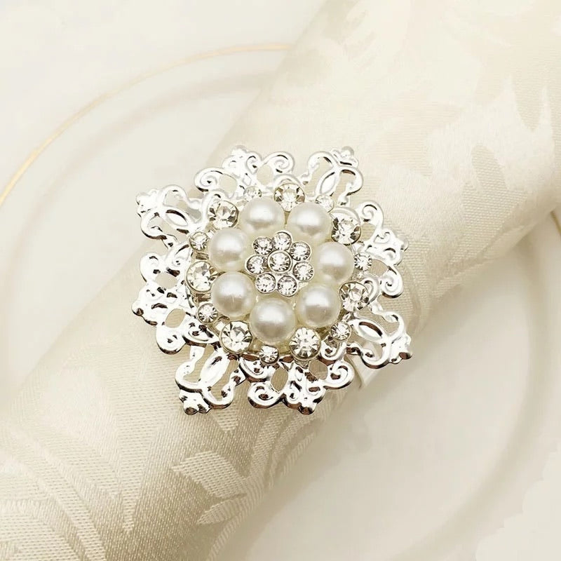 Napkin Rings x6 - Silver & Pearl Design