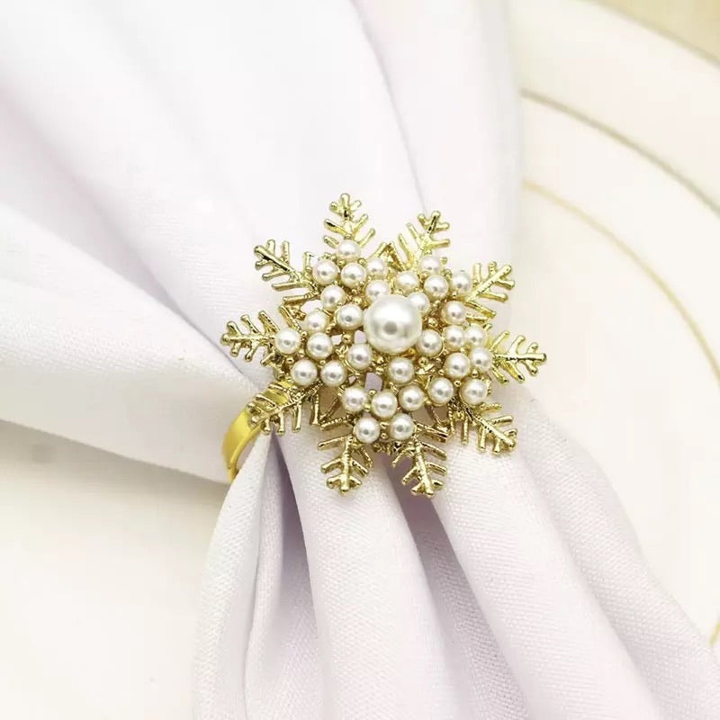 Pearl Snowflake Napkin Rings x6 - Gold
