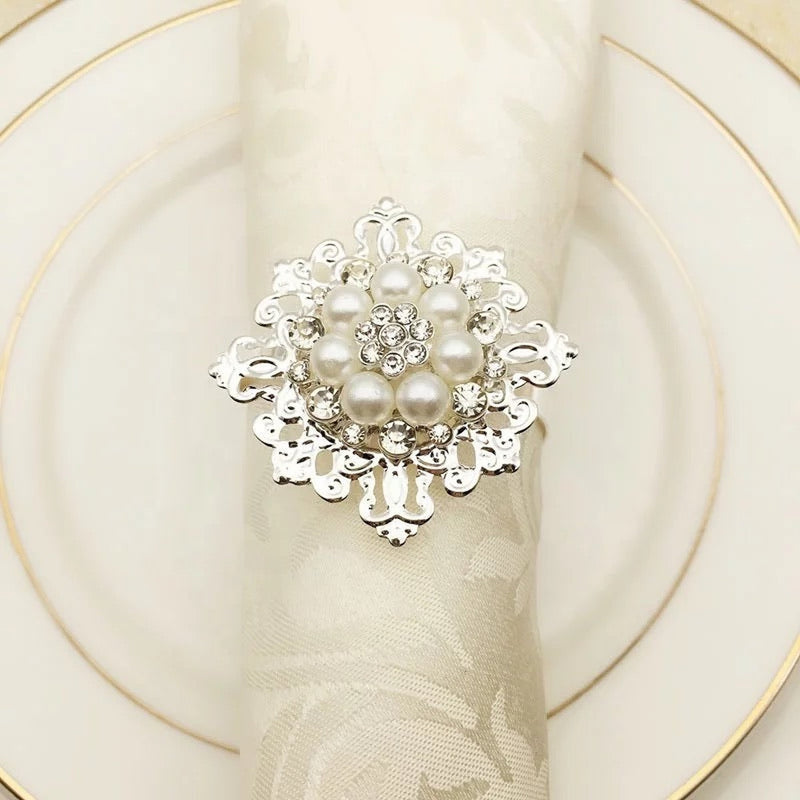 Napkin Rings x6 - Silver & Pearl Design